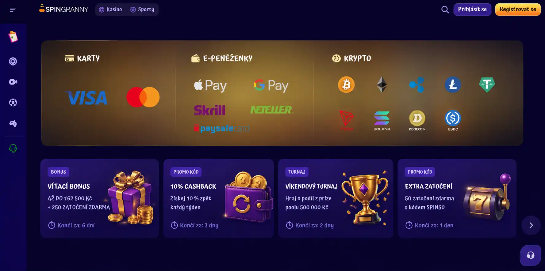 Platební metody dostupné na SpinGranny Casino