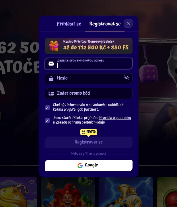 Registrační formulář SpinGranny Casino CZ