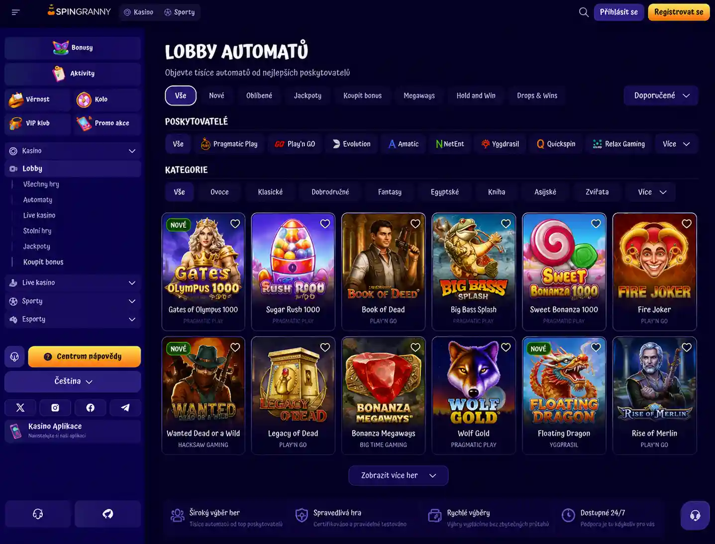 Lobby slotů SpinGranny Casino s filtry podle providerů